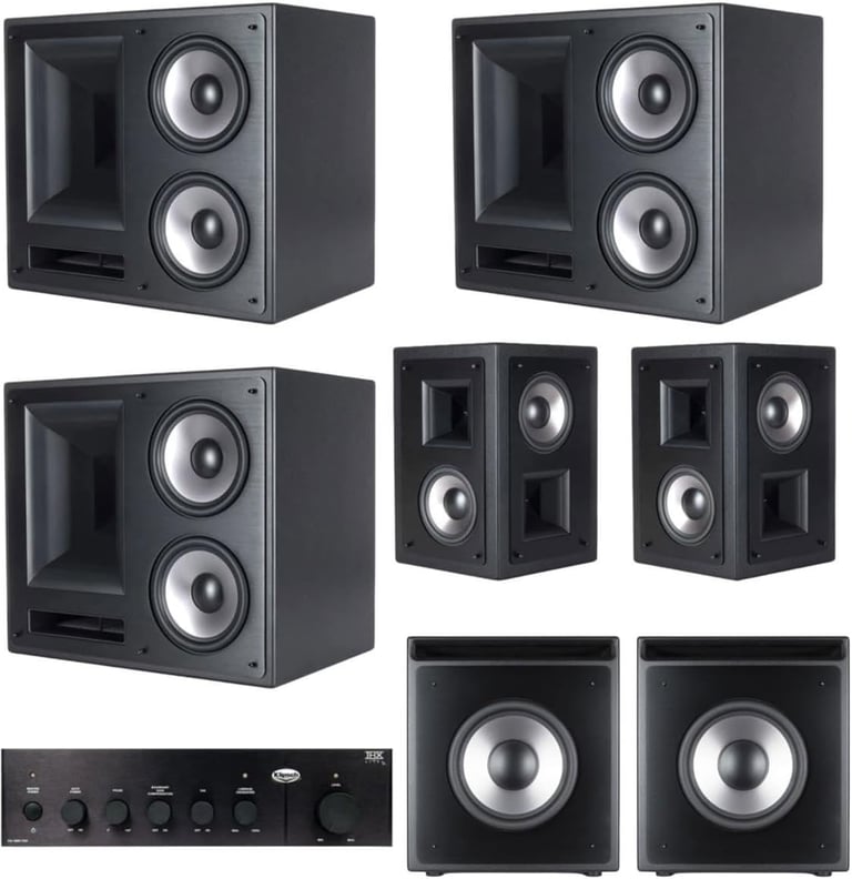 Klipsch THX Ultra2 home theater system featuring black floor speakers and an amplifier.