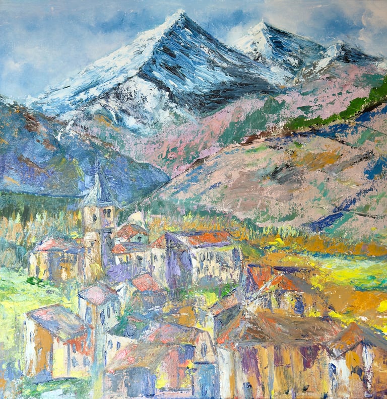 Pintura en acrílico de pueblo con montañas. Un paisaje colorido que llenará cualquier rincón de casa