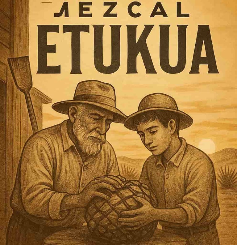 Una escena donde un maestro mezcalero mayor le está mostrando a un joven aprendiz el proceso de cort