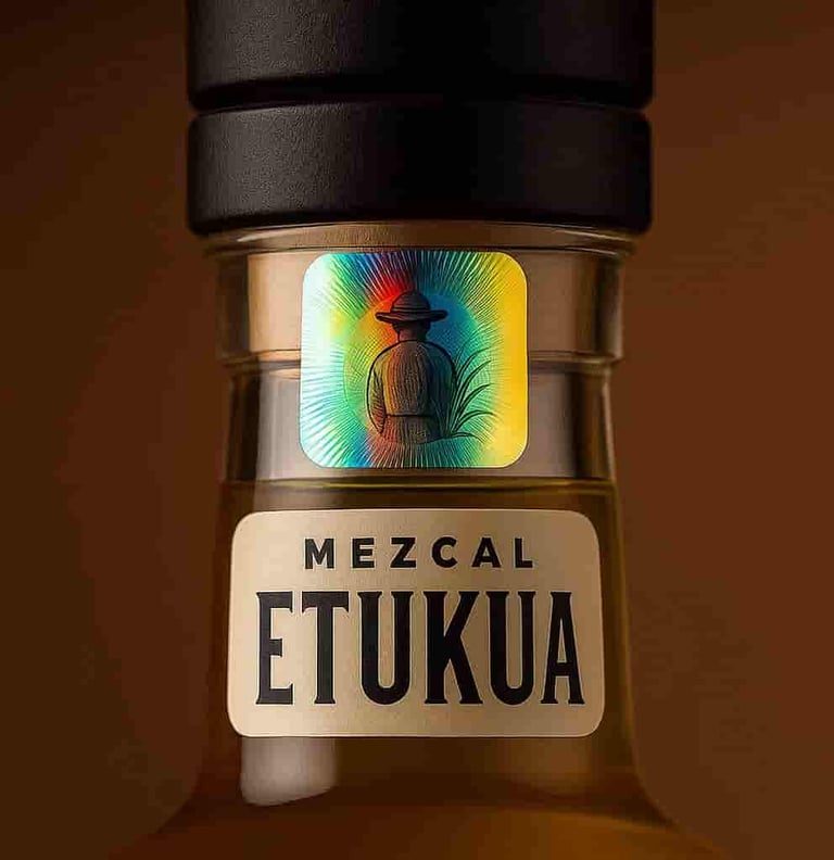 Close-up o primer plano del sello de seguridad holográfico y la tapa de la botella de mezcal artesan