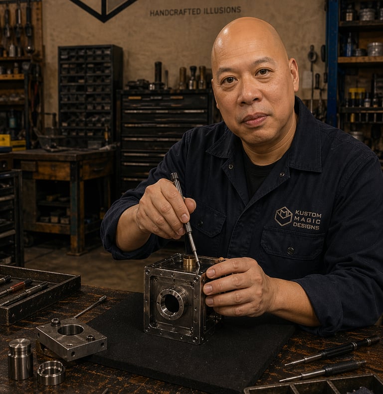 Ray Lum illusions maker at Kustom Magic Designs workspace assembling a metal magic prop.
