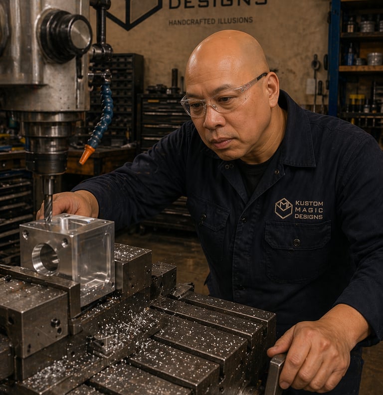 Ray Lum at Kustom Magic Designs uses a vertical milling machine for precision metal fabrication.