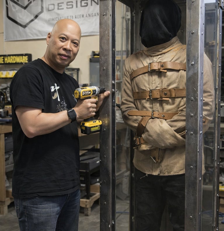 Ray Lum A custom fabrication designer uses a power drill on a metal and glass escape room prop