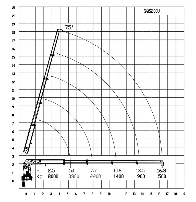 Schematic diagram of an 8 tonne telescopic boom crane with crane jib, working radius 16.3m, showing its parameters.