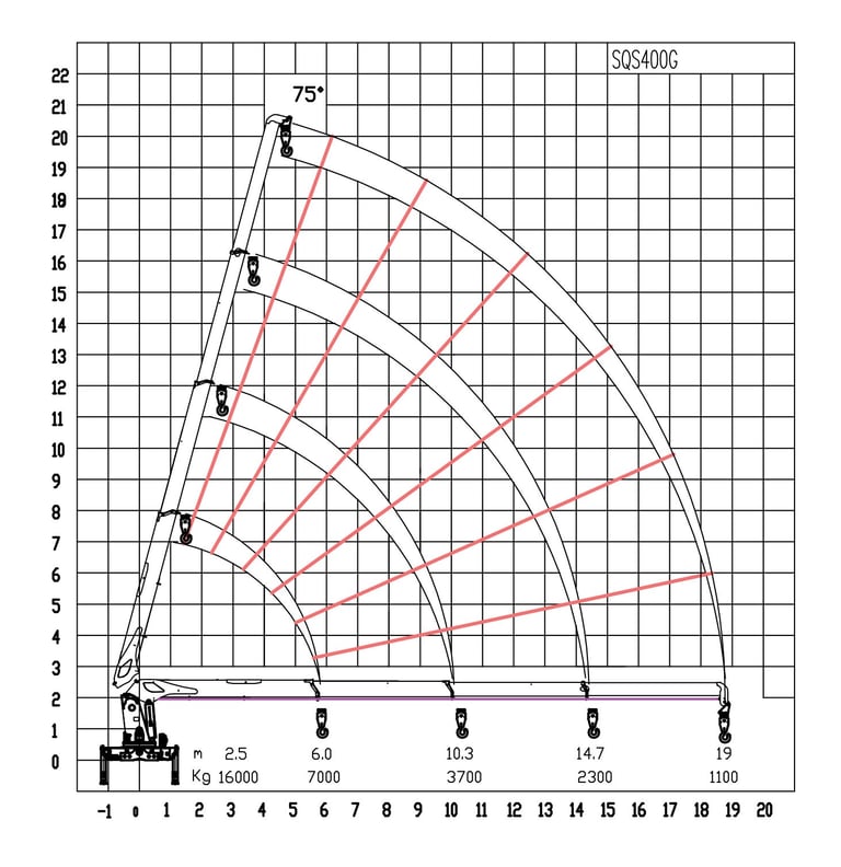 Schematic diagram of a 16 tonne telescopic boom crane with crane jib, working radius 19 m, showing its parameters.