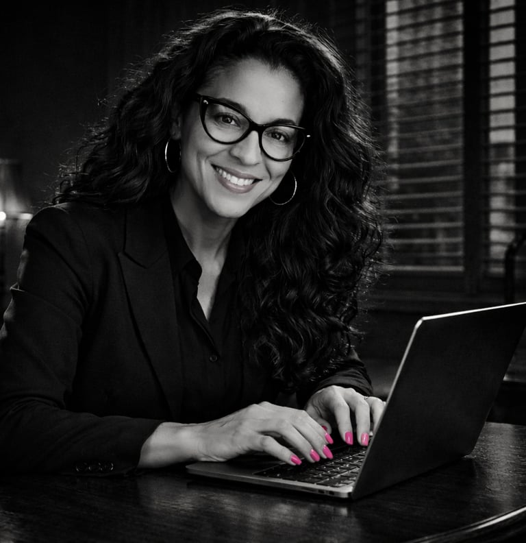 A smiling professional woman with curly hair and glasses using a laptop in a home office.