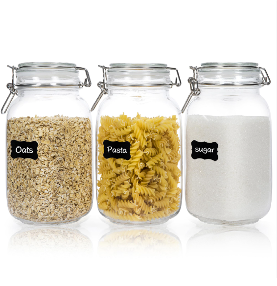 CHEFSTORY 3-piece airtight glass jars with hinged lids for non-toxic pantry organization.