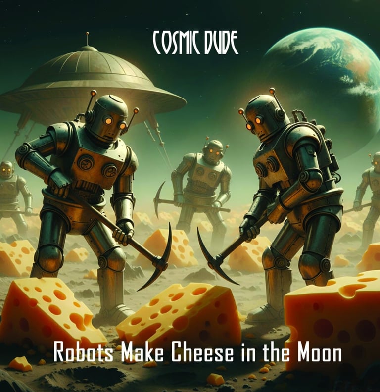 Robots with picks cutting into cheese on the moon