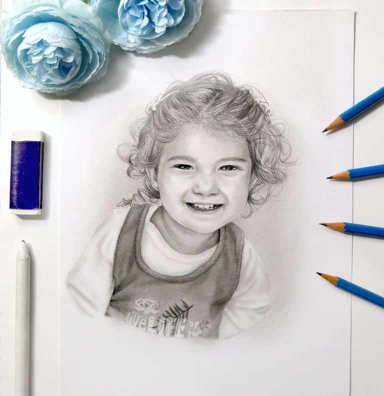 a pencil portrait drawing of a little girl