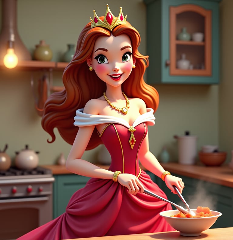 a cartoon princess in a red dress with a crown on her head