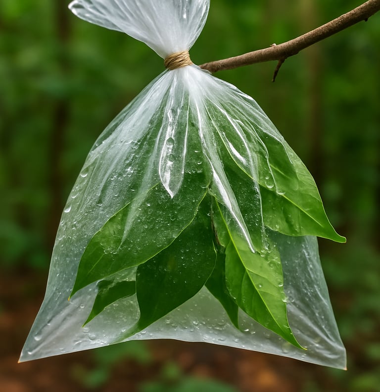 Clear bag of green leaves tied to tree branch to collect condensation