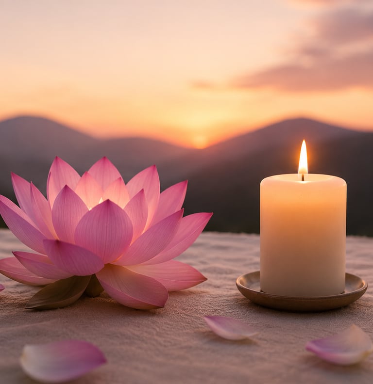 Flor de loto y vela encendida representando sanación emocional, duelo consciente y transformación interior