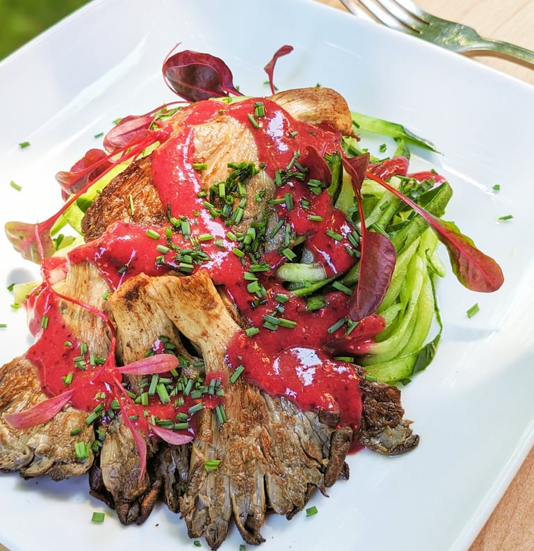 Five-Spice Oyster Mushroom on Cucumber noodles. Portland personal chef gluten-free vegan meal prep