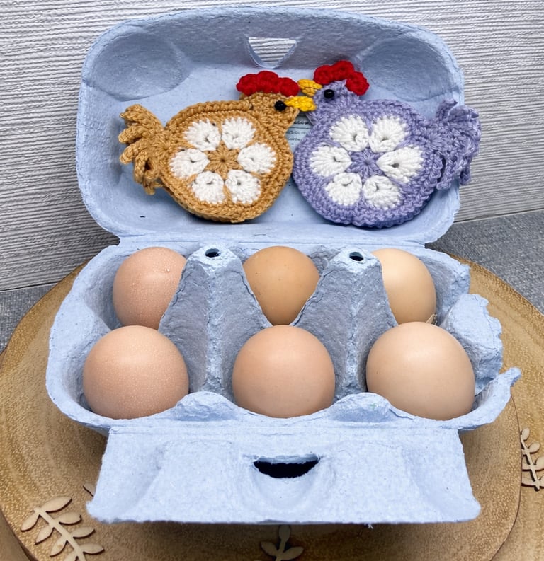a box of hatching eggs with a crochet chicken and a crochet owl
