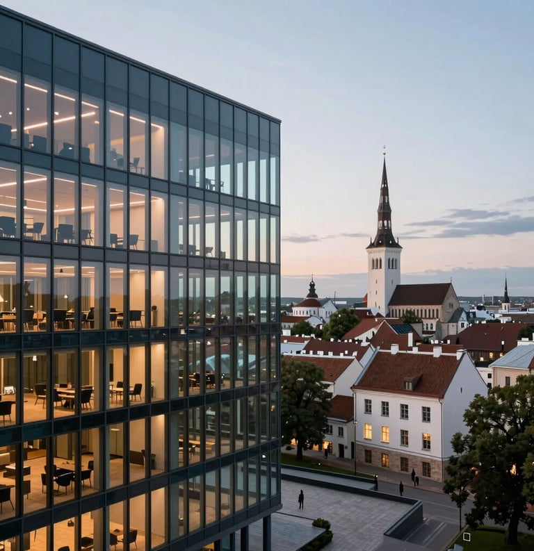 A wide-angle photography shot of a modern, glass-walled office in Tallinn, Estonia, overlooking the historical city center during twilight, clean composition, soft indoor lighting, professional and calm ambiance.