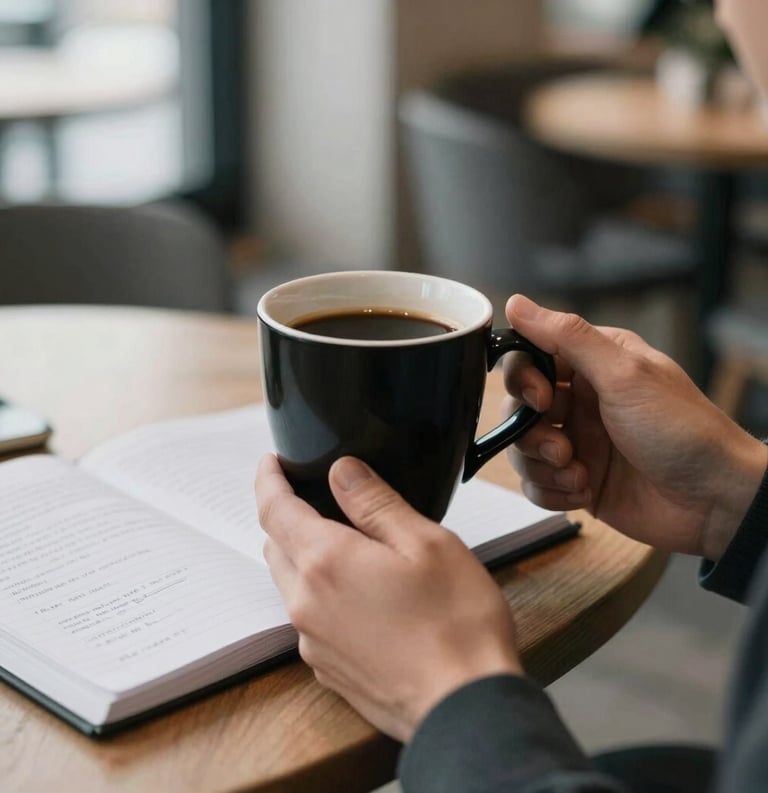 Close-up photography of a professional person's hands holding a black coffee mug in a sleek, modern Estonian cafe, soft morning light, a blurred notebook with financial notations in the background, professional blog style.