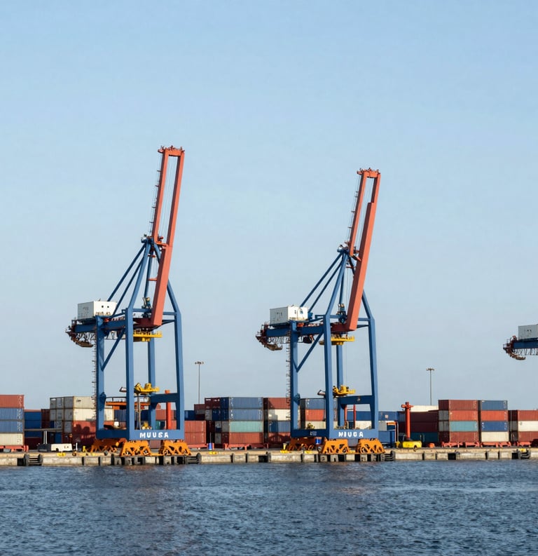 Wide landscape shot of the Port of Muuga in Estonia, showing shipping containers and cranes against a pale blue sea, industrial professional photography.