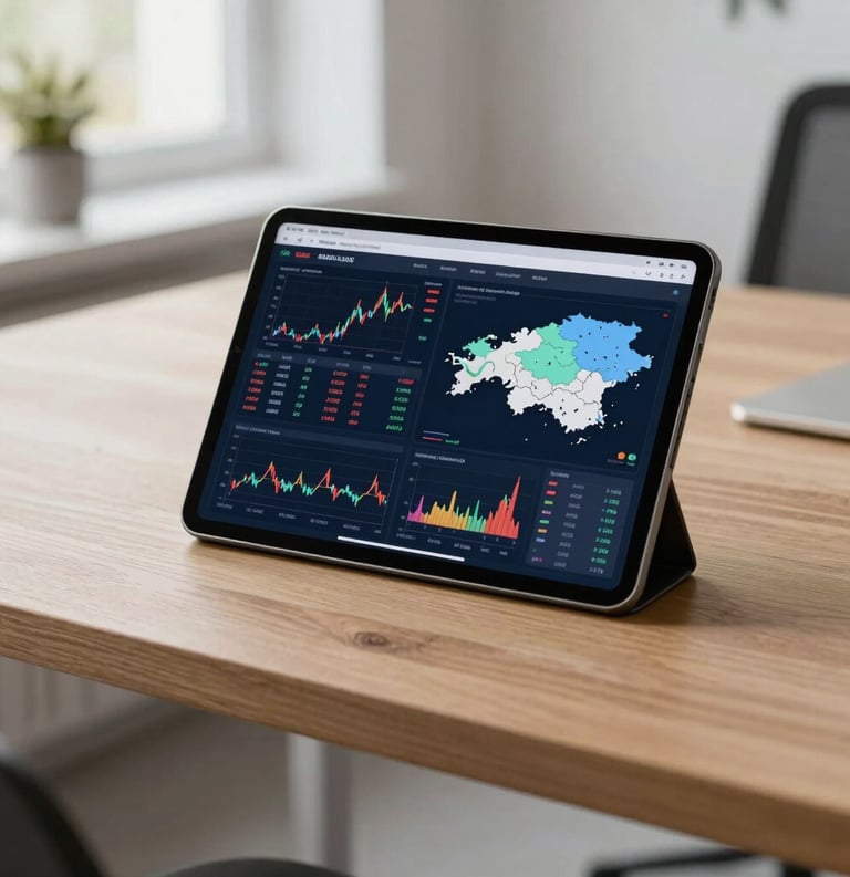 Clean photography of a tablet displaying complex financial charts and Estonian economic maps, placed on a light oak wood table in a minimalist Northern European office, soft daylight filtering through a window.