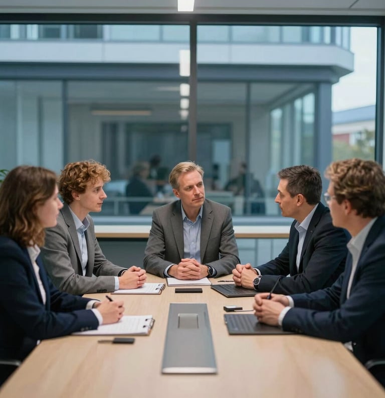 Candid photography of a business meeting in an Estonian high-tech boardroom, professionals engaged in discussion, view of modern architecture in the background, cool blue and gray tones, Northern European style.
