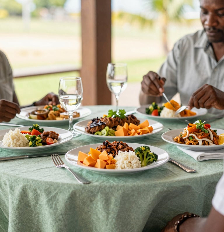 A brightly lit dining area in Mauritius where a delicious, colorful, and healthy meal is being served to a resident on a table with a soft green linen cloth.