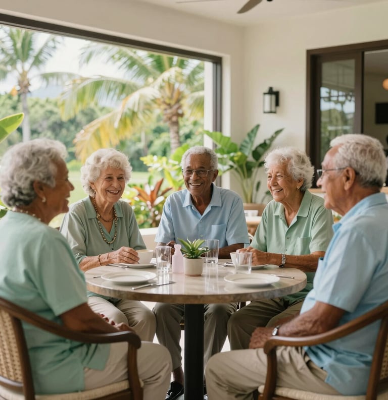 A group of happy elderly residents sitting together in a bright, elegant common area in Mauritius. They are engaged in conversation, with soft natural light coming through large windows showing tropical greenery. The palette features light green and soft blue accents.