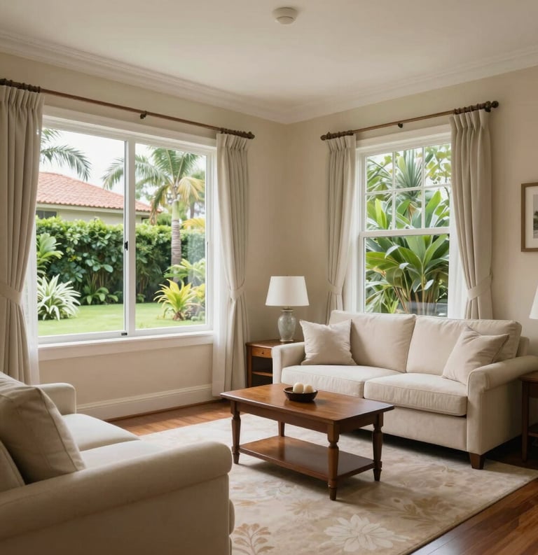 A bright, elegant private room in a Mauritian nursing home, featuring light beige walls, large windows showing a lush garden, and clean, comfortable furniture in a calm atmosphere.