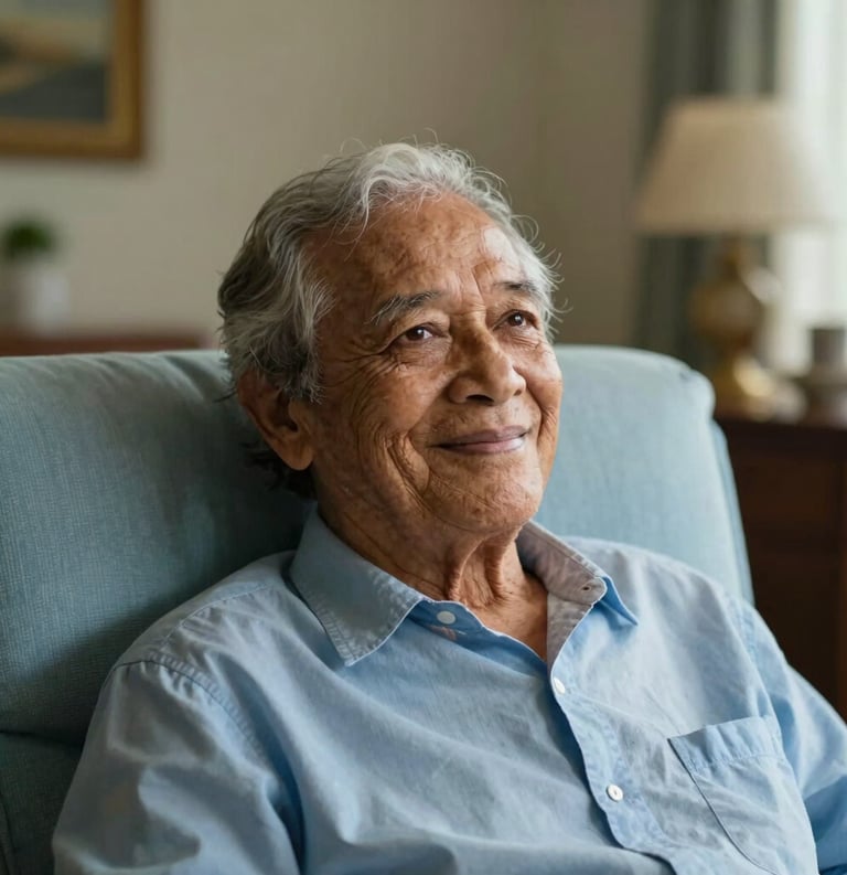 A close-up photography shot of an elderly person smiling gently, resting comfortably in a soft chair with light blue upholstery in a sun-drenched, elegant living room in Mauritius.