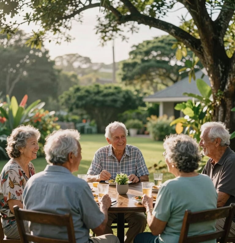 A group of happy seniors enjoying a gentle social activity in a lush, green outdoor garden in Mauritius, with soft morning sunlight filtering through tropical trees.