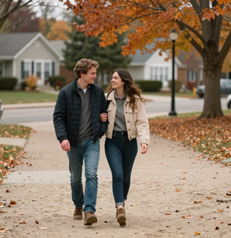 A couple walking through a peaceful North American suburban park, sharing a lighthearted moment, with soft sand and orange autumn leaves in the background composition.