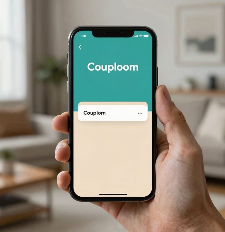 A high-quality smartphone held by a hand, showing the Couploom app interface with teal and sand colors, set against a soft North American home background.