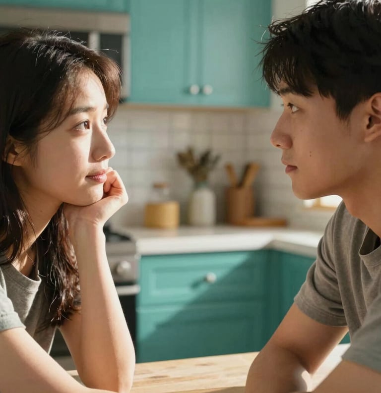 Close-up of two people in a North American kitchen setting, sitting across from each other, engaged in a focused and empathetic conversation, warm morning sunlight and teal decor details.