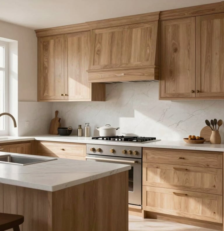 Detailed shot of a high-end custom kitchen in a French home, featuring light wood cabinetry, white stone countertops, and soft natural lighting. The mood is serene and sophisticated.