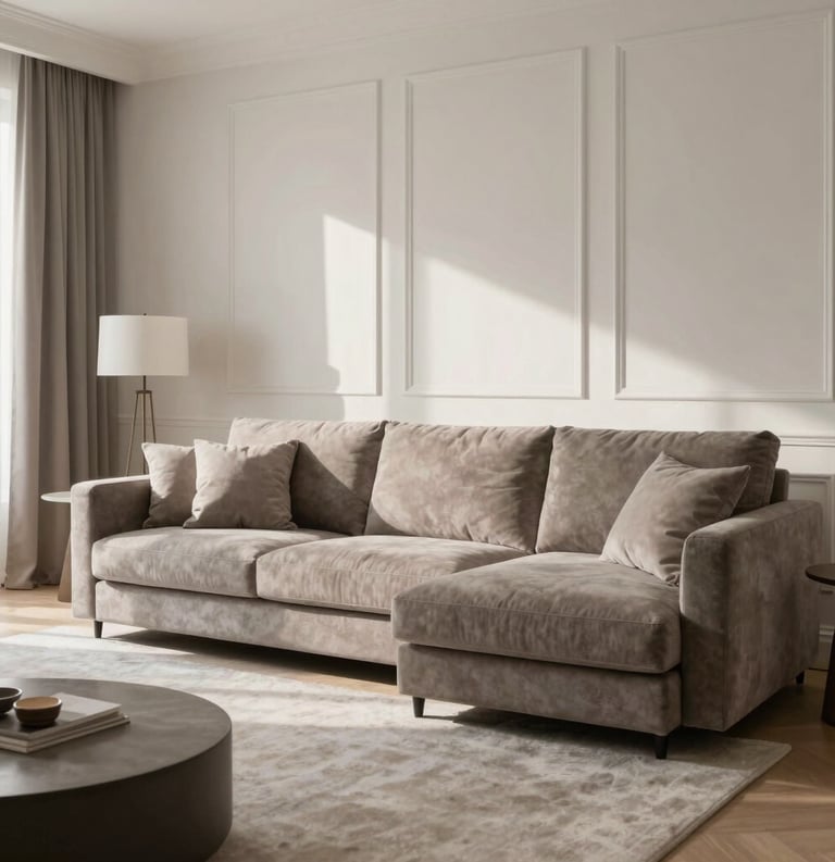 A sophisticated French living room interior in Nîmes, showcasing elegant furniture in taupe and light gray tones, clean lines, and a peaceful, minimalist aesthetic with soft natural afternoon light.