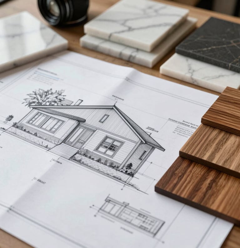 Close-up of a designer's desk with architectural blueprints of a house, marble samples, and wood swatches. Professional and high-end atmosphere in a European design studio.