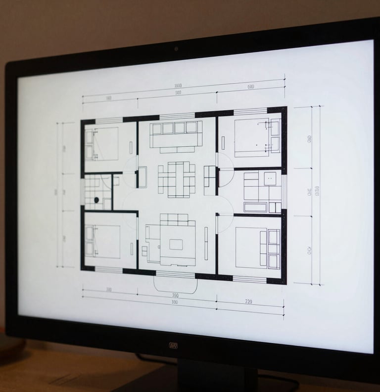 Technical architectural drawing of a kitchen floor plan displayed on a high-resolution screen, clean lines and professional detail.