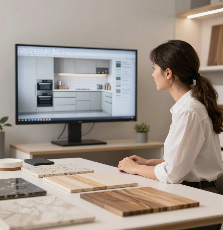 A professional interior designer in a bright, modern studio in France, looking at a kitchen layout on a screen. The environment is calm, featuring professional samples of wood and stone.