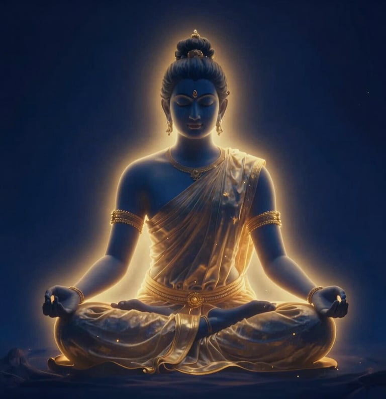 A beautiful photographic representation of a spiritual aura in South Asian / Tamil Nadu, India. A person is sitting in a meditative posture, with a soft gold and navy blue glowing field surrounding their body. The background is a dark deep navy blue, making the glowing aura effects stand out like a soft flame.
