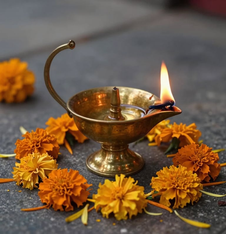 A close-up photograph of a South Asian brass oil lamp burning with a steady, warm flame, surrounded by vibrant marigold petals on a dark stone floor, evoking a sense of spiritual mystery and ancient ritual.