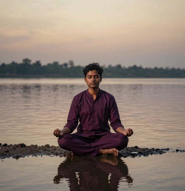 A tranquil photograph of a South Asian person sitting in a meditative posture by a peaceful riverbank at twilight, with deep plum and soft gold colors reflecting in the calm water.