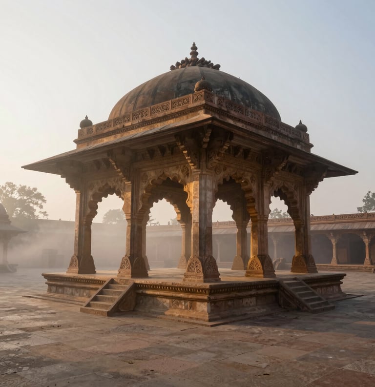 A wide-angle landscape photograph of a South Asian temple courtyard at dawn, with soft golden light filtering through carved stone archways and a faint, ethereal mist rising from the ground.