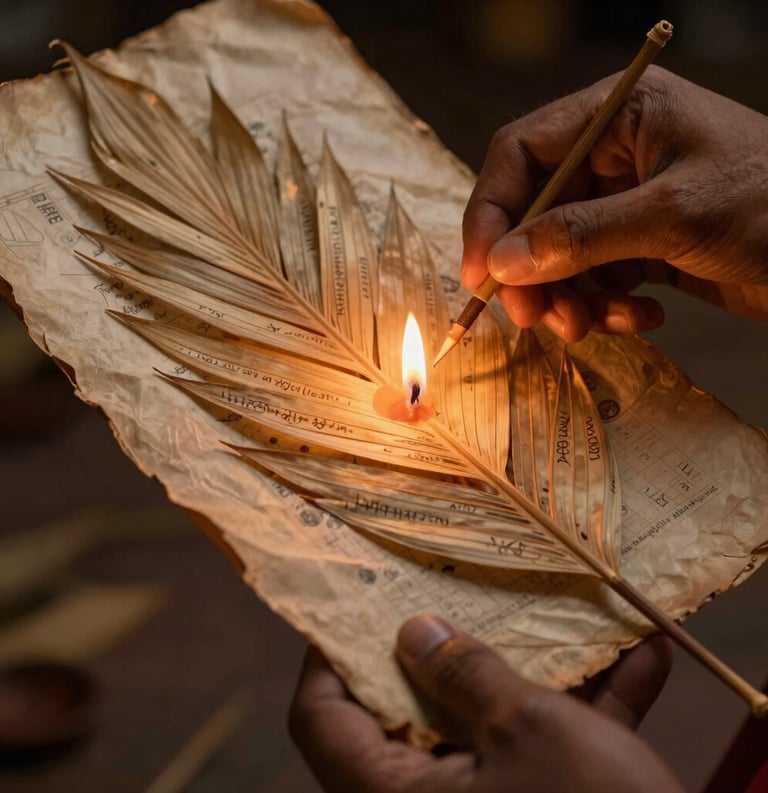 A close-up photograph of a South Asian hand carefully holding an ancient palm leaf manuscript, with warm, flickering candlelight illuminating the delicate engravings and rustic texture of the leaves.