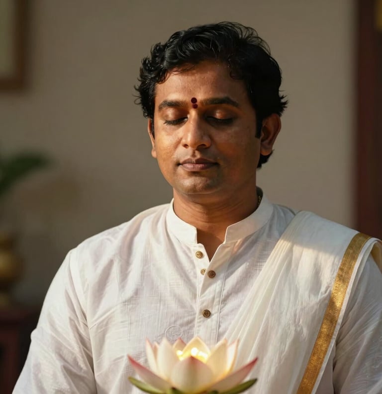 A serene portrait of a South Asian person in Tamil Nadu, India, wearing white cotton traditional attire, eyes closed in peace. Soft golden light falls on their face, and a subtle glowing lotus flower is blurred in the foreground. The style is clean, spiritual, and elegant.