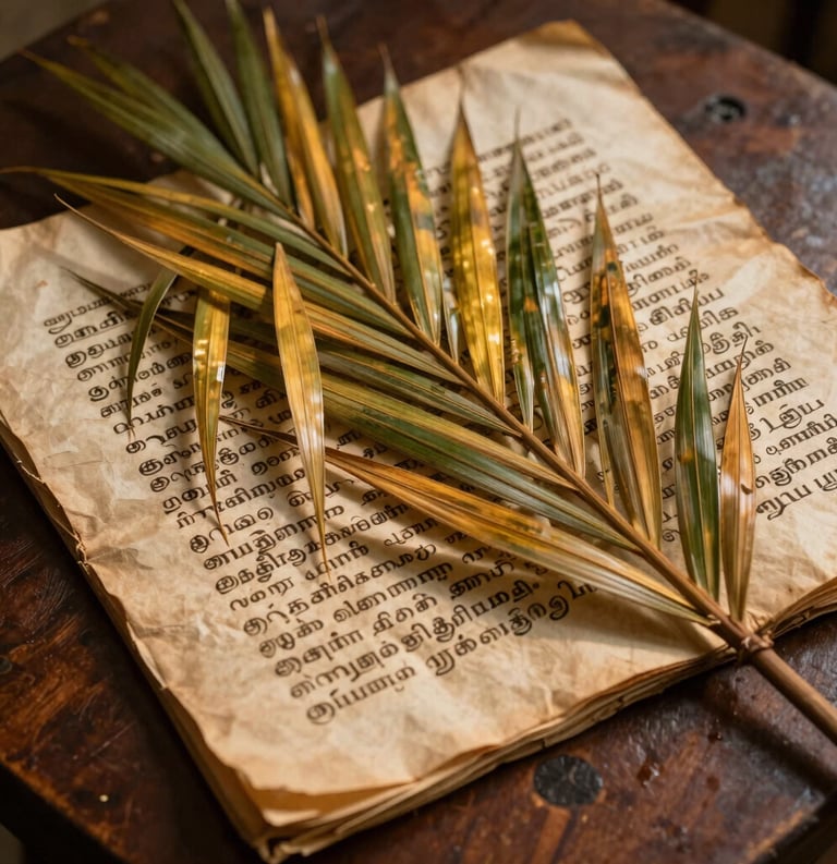 A close-up of aged palm leaf manuscripts with Tamil script, resting on a dark wooden table. Golden light catching the texture of the leaves.