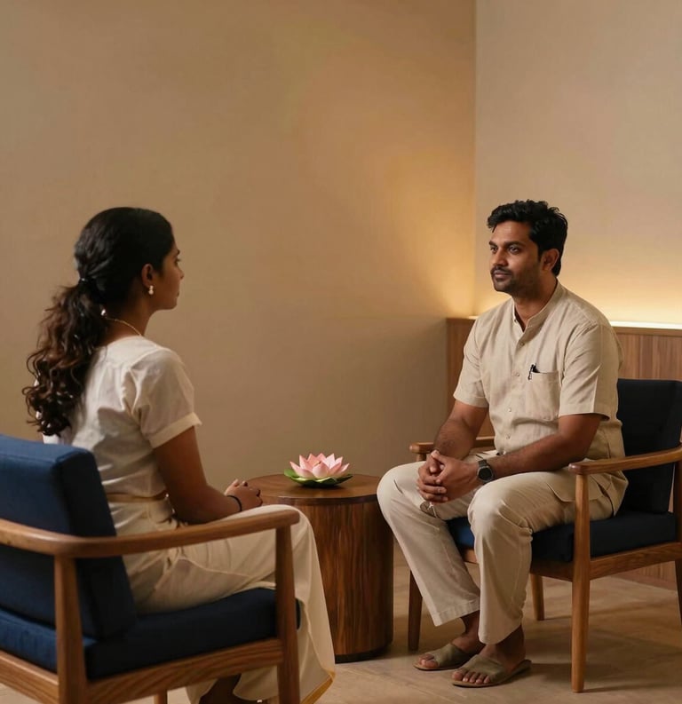 A professional and calm interior of a wellness center in South Asian / Tamil Nadu, India. A South Asian professional counselor and a guest are seated in comfortable chairs with deep indigo cushions, engaged in a quiet conversation. The environment is minimalist with warm amber lighting and a small lotus flower on a wooden table.