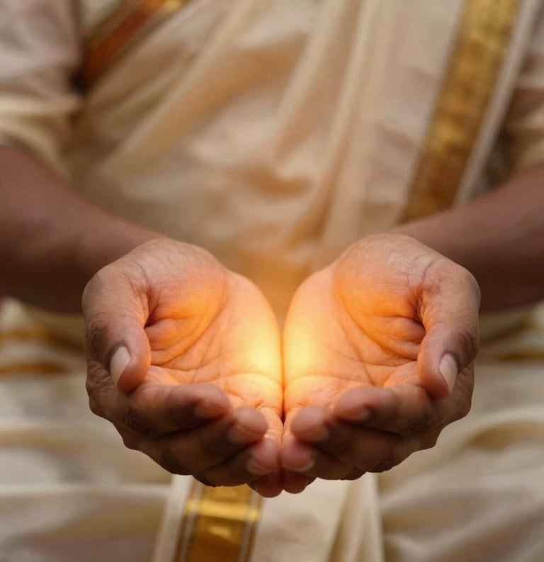A close-up photograph in South Asian / Tamil Nadu, India, showing hands performing a traditional energy healing technique. A warm amber and soft orange-gold glow emanates between the hands, creating a sense of heat and spiritual energy. The lighting is soft and serene, with a background of light cream textiles.