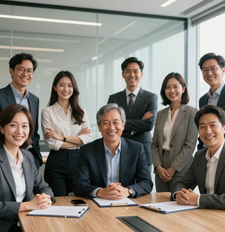 A group of diverse professionals smiling together in a brightly lit modern office boardroom, North American / US professional attire, symbolizing successful employment.