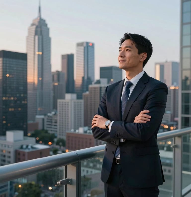 A professional individual standing on a high-rise balcony overlooking a modern North American city skyline at dusk, arms crossed confidently, inspiring and hopeful mood.