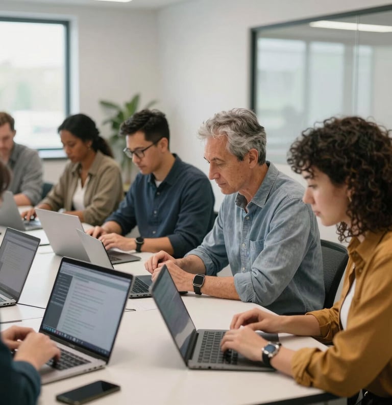 A group of diverse adults in a brightly lit North American training center collaborating over laptop computers and digital tablets, modern and accessible design.