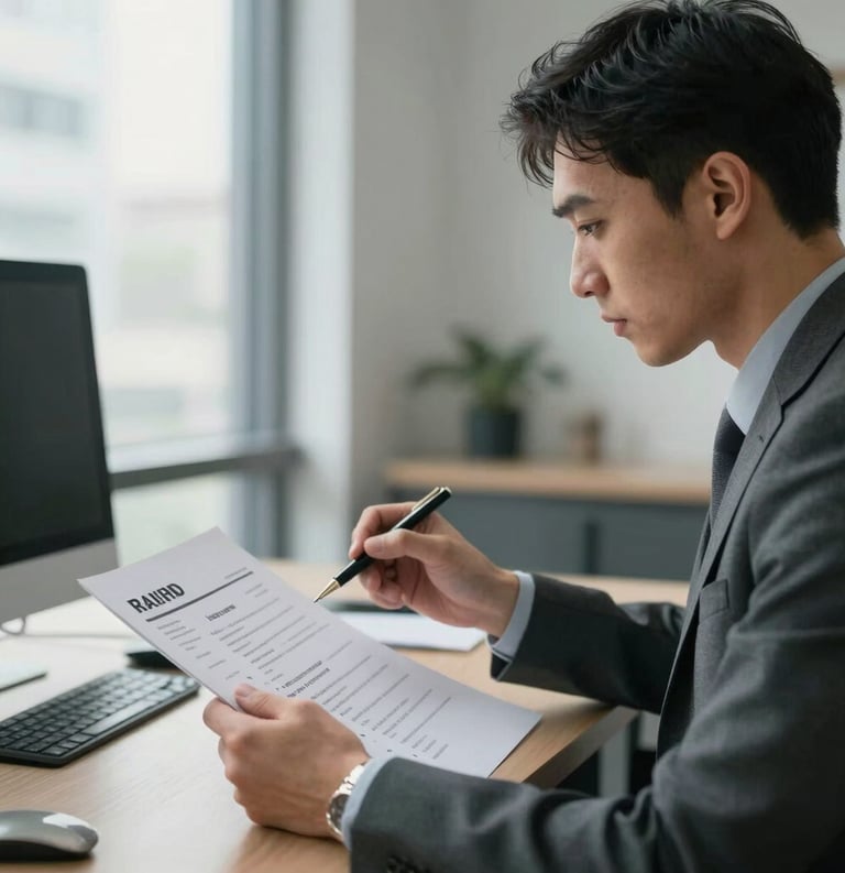 A focused professional in a modern North American office setting carefully reviewing a resume with a pen in hand, soft daylight through a window, professional atmosphere.