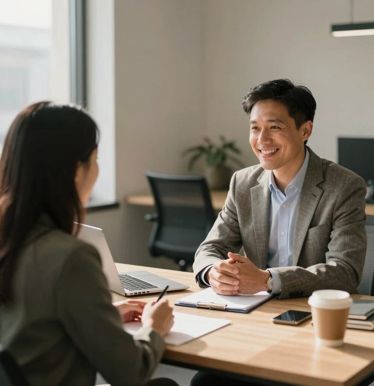 A warm and inviting North American office space where an advisor and a client are engaged in a friendly, supportive conversation across a tidy desk, soft natural lighting.